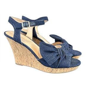 Nine West Barneso Blue Denim Cork Wedge/Platform Sandals with Bow Accent size 8M